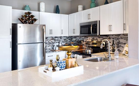 Bright, airy kitchen with elegant countertops and cabinets. Stainless-steel appliances create a slick atmosphere in Irving, Texas.