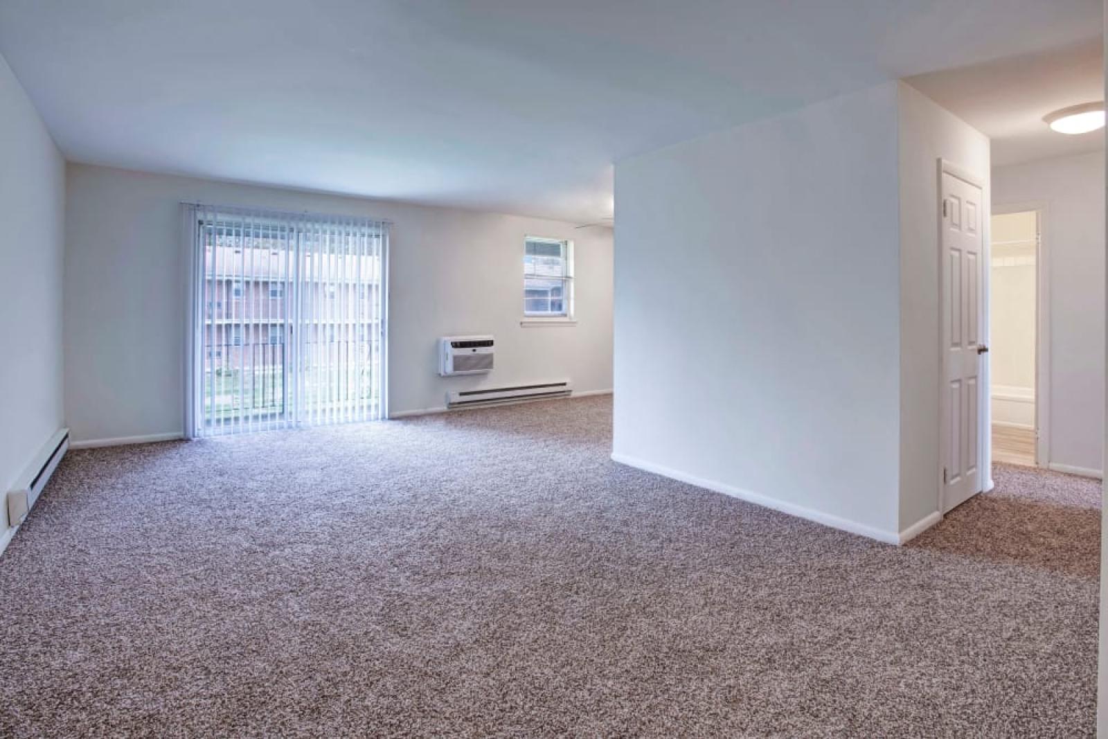A well-lit apartment interior featuring an expansive living space, plush carpeting, and access to a private balcony through a sliding glass door.
