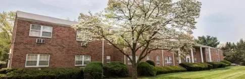 A red-brick apartment building with a blooming tree and well-maintained landscaping creates a serene and welcoming environment.