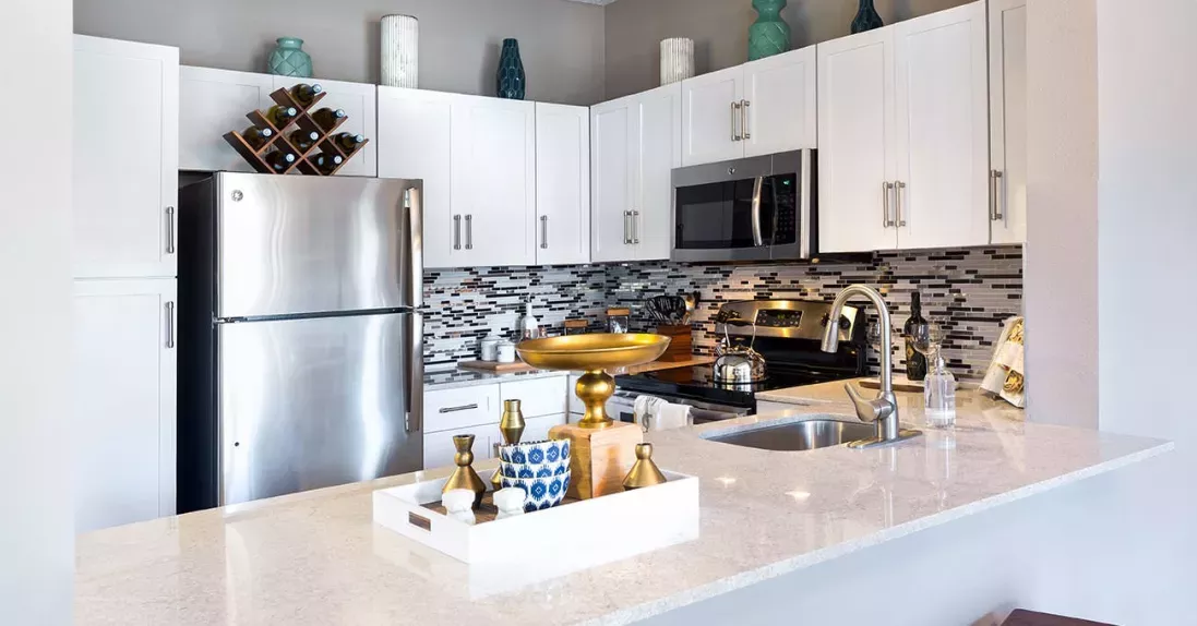 Bright, airy kitchen with elegant countertops and cabinets. Stainless-steel appliances create a slick atmosphere in Irving, Texas.