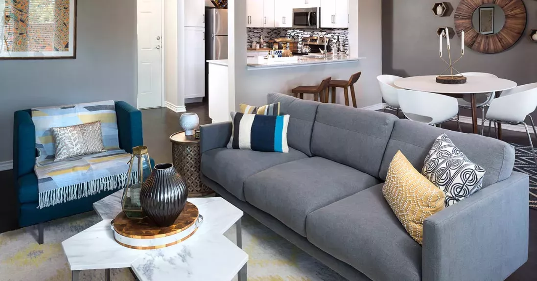 Expansive open floor plan. Large living room with view of kitchen. 