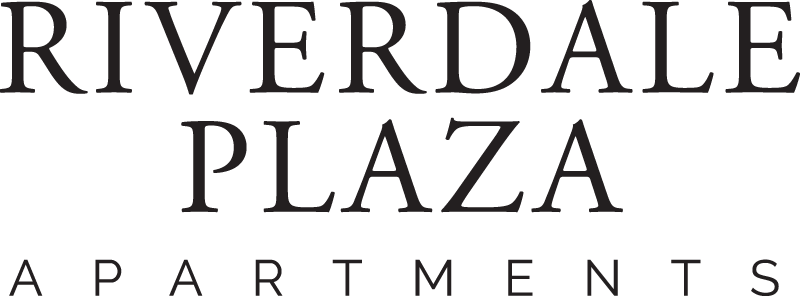 "Riverdale Plaza Apartments" logo in bold black text featuring a clean, modern serif font.
