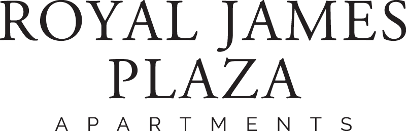 Logo for Royal James Plaza Apartments featuring elegant black serif typography, conveying a classic and sophisticated style.