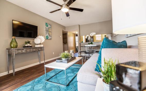A modern living room features a cozy sofa with blue accent pillows, a sleek coffee table with plants, and a wall-mounted TV above a console table.