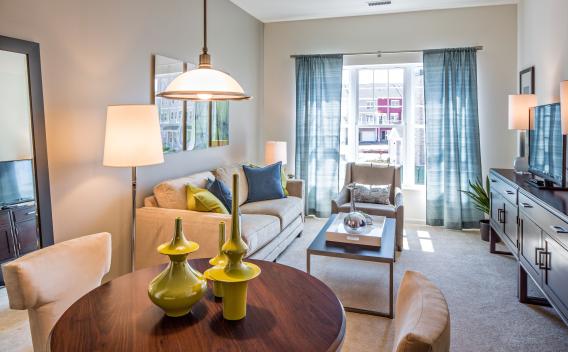 Bright and cozy living room in a model apartment at The Grove Somerset Apartments, showcasing modern furniture and large windows.