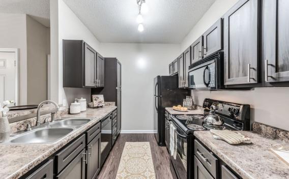 Modern kitchen with sleek black cabinetry, granite countertops, and stainless steel appliances at The Landings of Conroe Apartments.