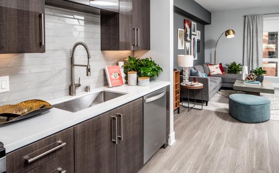 Modern kitchen at The Linden Luxury Apartments featuring sleek dark cabinetry, stainless steel appliances, and a stylish living area with contemporary decor.