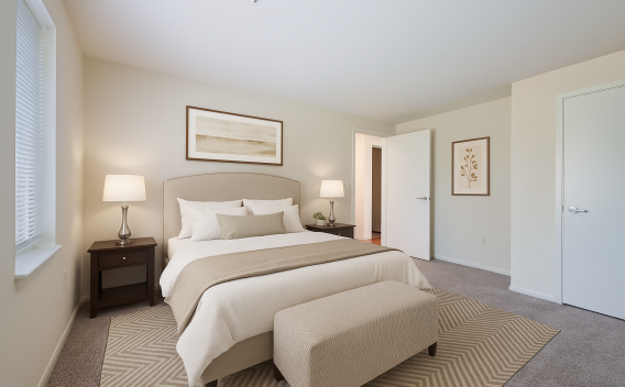 Bright and neutral bedroom featuring a soft beige upholstered bed with coordinating bedding and accent pillow, flanked by dark wood nightstands and matching lamps. A patterned area rug adds texture, while minimalist wall art and natural light from the window create a calm, welcoming atmosphere.