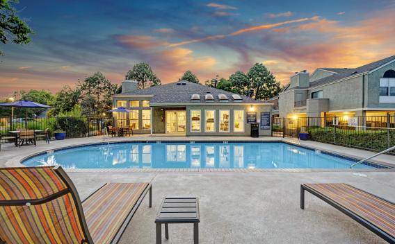 Sunset time at Waterfield Court's expansive pool.