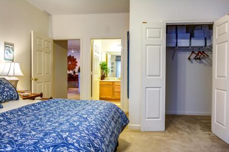 Primary bedroom with blue patterned bedding, walk-in closet, and ensuite bathroom