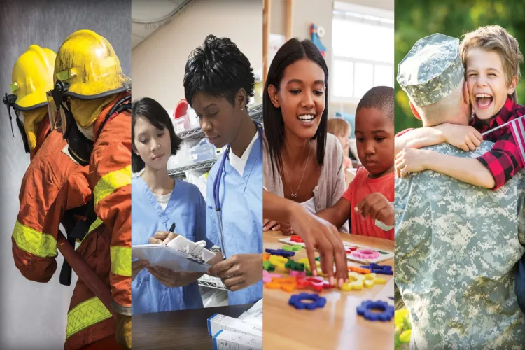 Four images representing community heroes: firefighters in action, healthcare workers reviewing notes, a teacher engaging with young children, and a soldier embracing a joyful child holding an American flag.