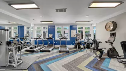  Spacious fitness center equipped with treadmills, elliptical machines, and strength-training equipment, featuring large windows, modern design, and bright, inviting decor for an energizing workout environment.