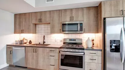 Kitchen with wood-grain cabinets, stainless steel appliances, and white backsplash.