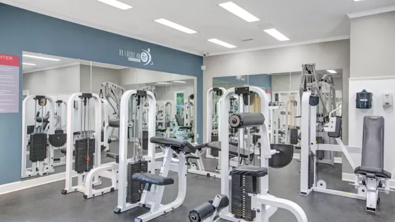 A fully equipped fitness center featuring various strength training machines, a wall of mirrors for added functionality, and bright, modern lighting to create an inviting workout environment.