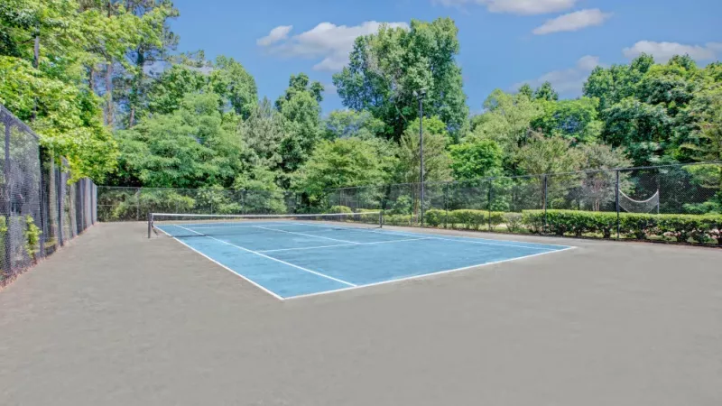 A well-maintained tennis court surrounded by tall trees, creating a serene environment for a match.A well-maintained tennis court surrounded by tall trees, creating a serene environment for a match.