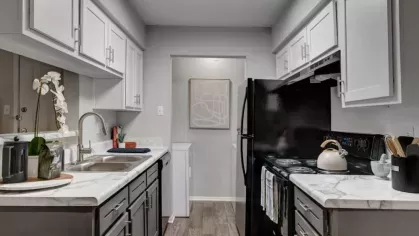 A compact, modern kitchen featuring black appliances, white cabinetry, and a stylish backsplash.
