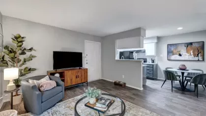 A bright and welcoming living room with a large rug, comfortable seating, and a TV console.