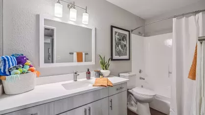 Bright and modern bathroom featuring a sleek vanity with a large mirror, white countertops, and vibrant orange accents complemented by a potted plant and decorative wall art.