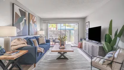 Bright living room with a large sliding glass door, modern blue sofa, abstract wall art, and a wooden coffee table on a neutral rug.