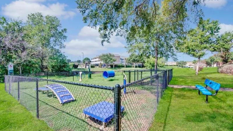 A fenced dog park featuring agility equipment and shaded seating.