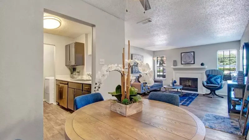 View of a cozy living room with a fireplace, blue accent rug, and a comfortable seating area featuring contemporary furniture.