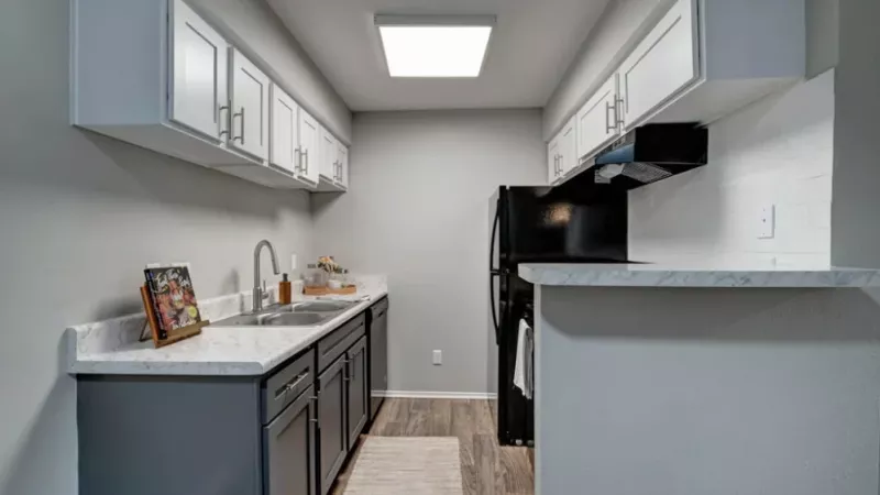 A kitchen featuring white cabinets, a countertop, sink, and various home appliances. The space has an organized layout with cupboards and drawers, all under a ceiling in a comfortable indoor environment.
