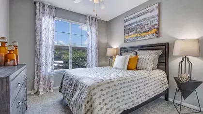 Elegant bedroom showcasing a large dresser, a mirror, and stylish decor. The space is filled with natural light from a window adorned with soft drapes, offering a perfect blend of functionality and comfort.