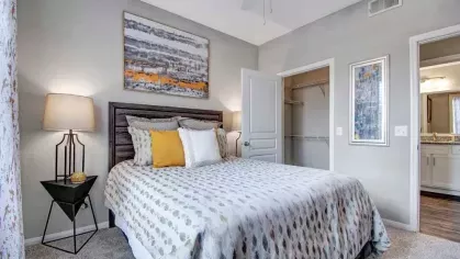 Bright and modern bedroom with large windows, patterned bedding, and vibrant decorative accents. The room is complemented by bedside lamps and wall art, creating a cozy yet sophisticated retreat.