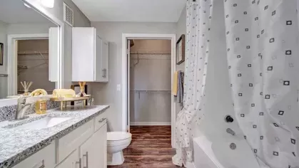 Luxurious bathroom featuring a granite countertop vanity, bright lighting, and stylish cabinetry. The space includes a walk-in closet and a shower/tub combination with decorative curtains, ideal for comfort and convenience.
