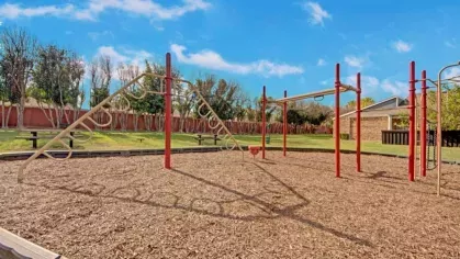 A close-up view of a playground featuring climbing frames and swings surrounded by a mulch ground covering.