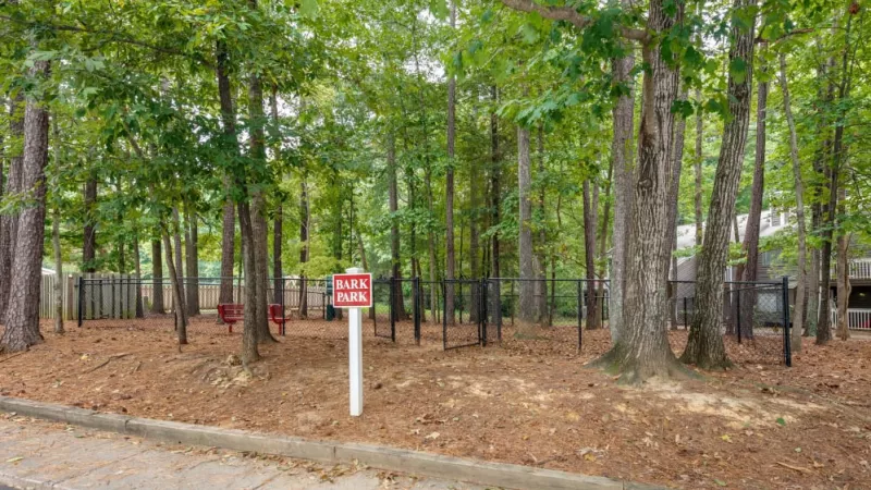 A fenced bark park shaded by tall trees, featuring benches and plenty of space for dogs to roam.