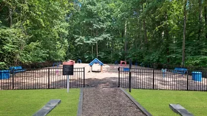 A fenced dog park with agility equipment and lush trees in the background.