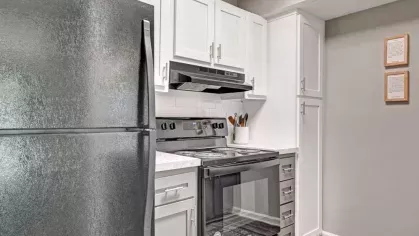 A contemporary kitchen with stainless steel appliances, white cabinetry, and sleek countertops.