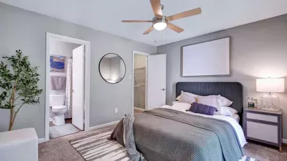 A comfortable bedroom with a large bed, modern decor, and an attached bathroom and closet.