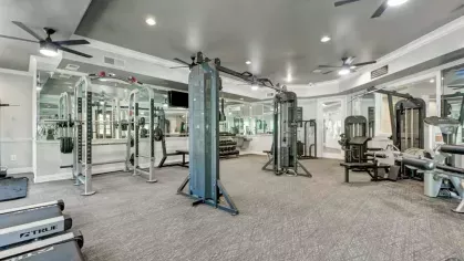 A fully equipped fitness center with mirrored walls, weight machines, and treadmills.