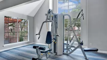 A strength training area with a multi-functional weight machine, set in a well-lit room with expansive windows.