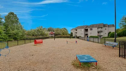 A close-up view of the bark park with agility equipment and open space for dogs to play.