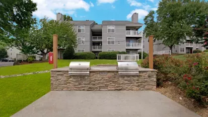 A community grilling station featuring two stainless steel grills with apartments in the background.