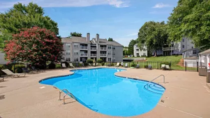 A shimmering blue pool with apartment buildings in the background, surrounded by landscaped greenery.