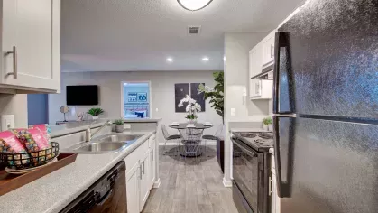 An open kitchen view leading into a cozy dining and living space with contemporary decor.