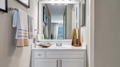 A bathroom vanity area with a white cabinet, a wide mirror, and stylish accessories, including towels and decorative accents.