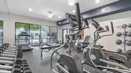 A fitness center with treadmills, elliptical machines, and a rack of dumbbells overlooking the outdoor pool area.