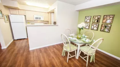 A cozy living and dining area with a white sofa, green rug, and wooden dining table adjacent to the kitchen.
