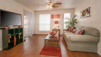 A spacious living room with a large TV, a glass coffee table, and bright natural lighting from the window and sliding glass door.