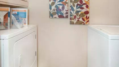 A compact laundry area with a white washer and dryer set, accented by colorful abstract wall art.