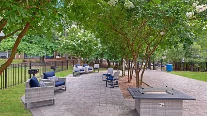 A relaxing outdoor lounge area with comfortable seating, fire pits, and a shaded environment under lush trees.