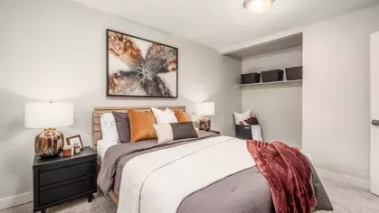 A cozy bedroom with a modern design, featuring a bed adorned with decorative pillows and a vibrant red throw blanket, alongside a wall-mounted artwork and bedside lamps.