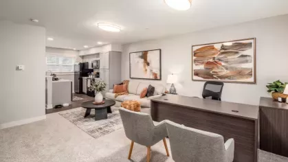 A multi-functional living space blending a home office setup with a cozy seating area and modern decor.