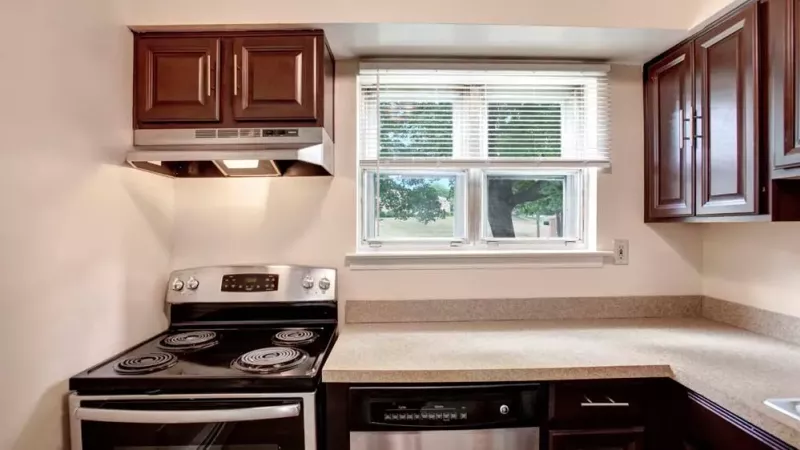 A close-up view of the kitchen countertop, featuring dark brown cabinets, a sink, and a window with greenery outside.