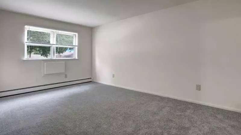 A well-lit, open living space with a mix of gray carpeting and wood flooring, blending the kitchen and living room areas seamlessly.
